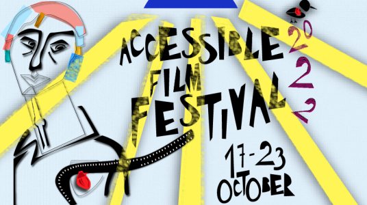 On a baby blue background, under the yellow light beams filtering from a dark blue lamp hanging from the middle of the upper edge, the words "Accessible Film Festival" are written in 3 lines, under its right corner 17-23 October is written in two lines. To the right of the EFF text, 2022 is written in 3 lines from top to bottom, in maroon color, 20 on the first line and 2 on the other lines. A black bird is placed on 2022, and there is a red heart on it’s chest. On the left side of the image, there is a male figure with short, pink, blue, yellow and green hair. A black film strip coming out from the chest level curves and ends under the EFF lettering. Above the black film strip there is a red colored heart on the chest of the figure.